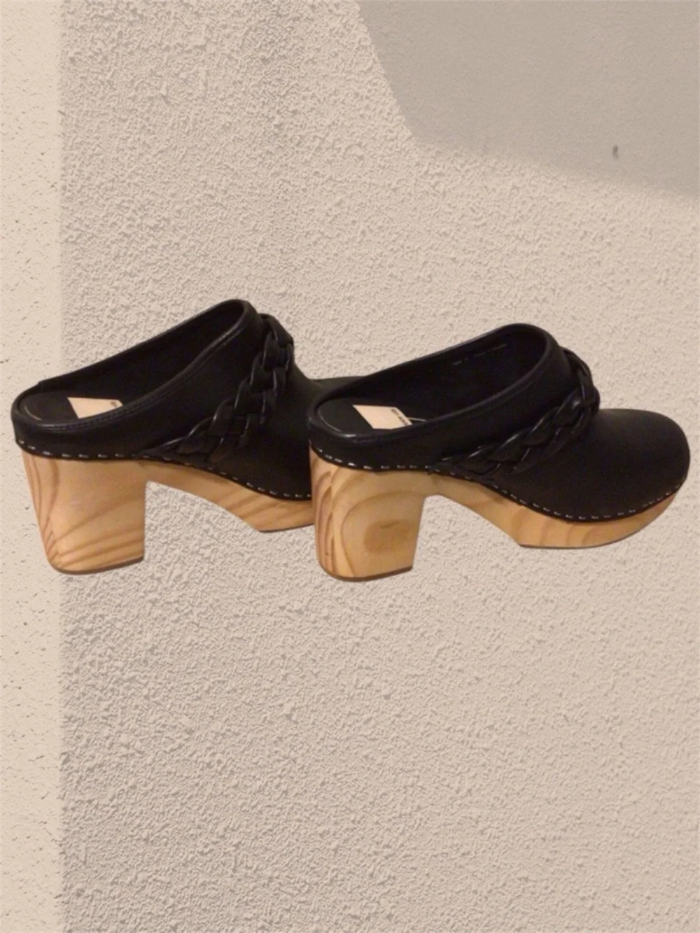 Dolce Vita Black Leather Braided Clog Mules with Wooden Platform Shoes NWOT - Picture 3 of 15